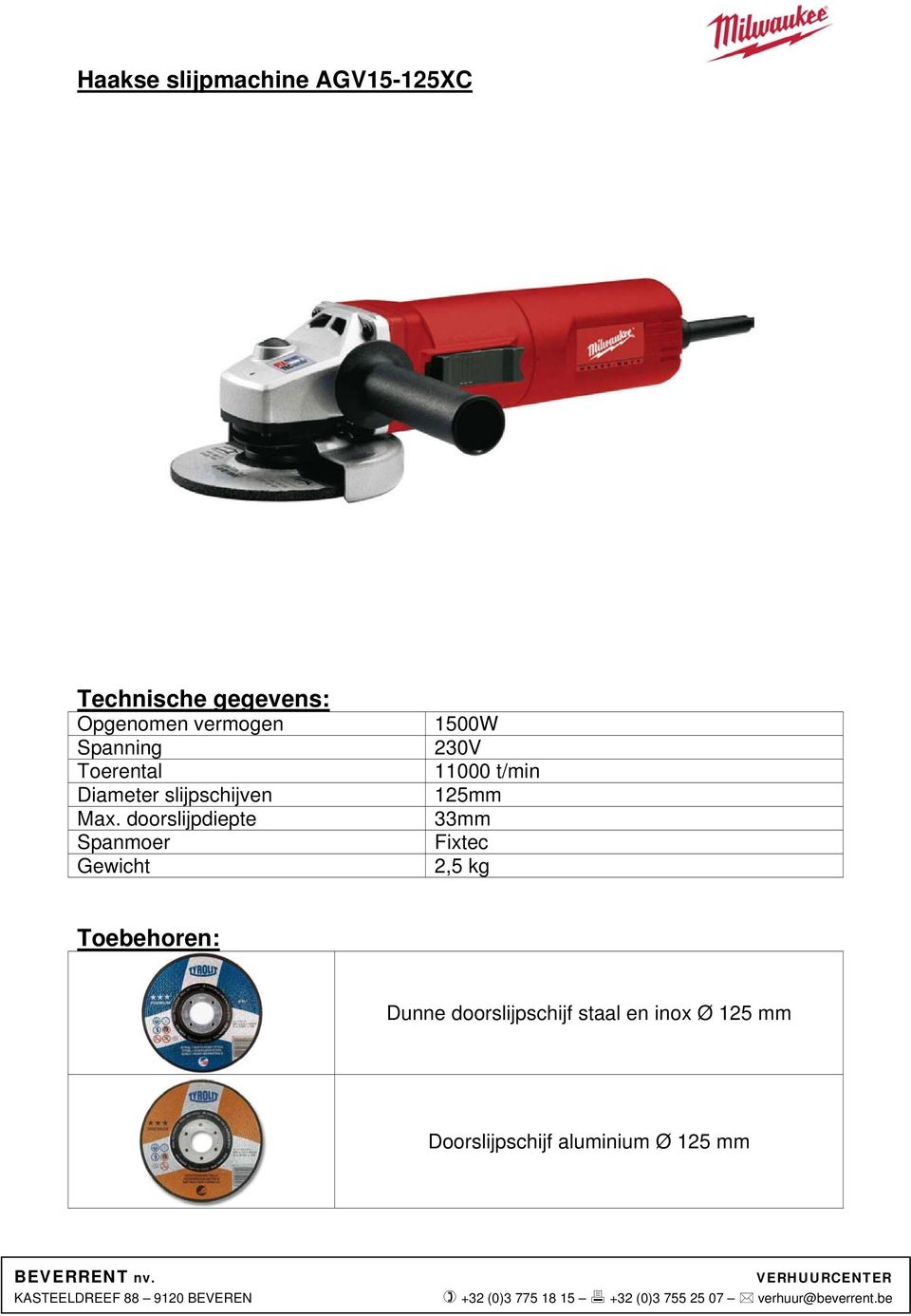 doorslijpdiepte Spanmoer 1500W 230V 11000 t/min 125mm