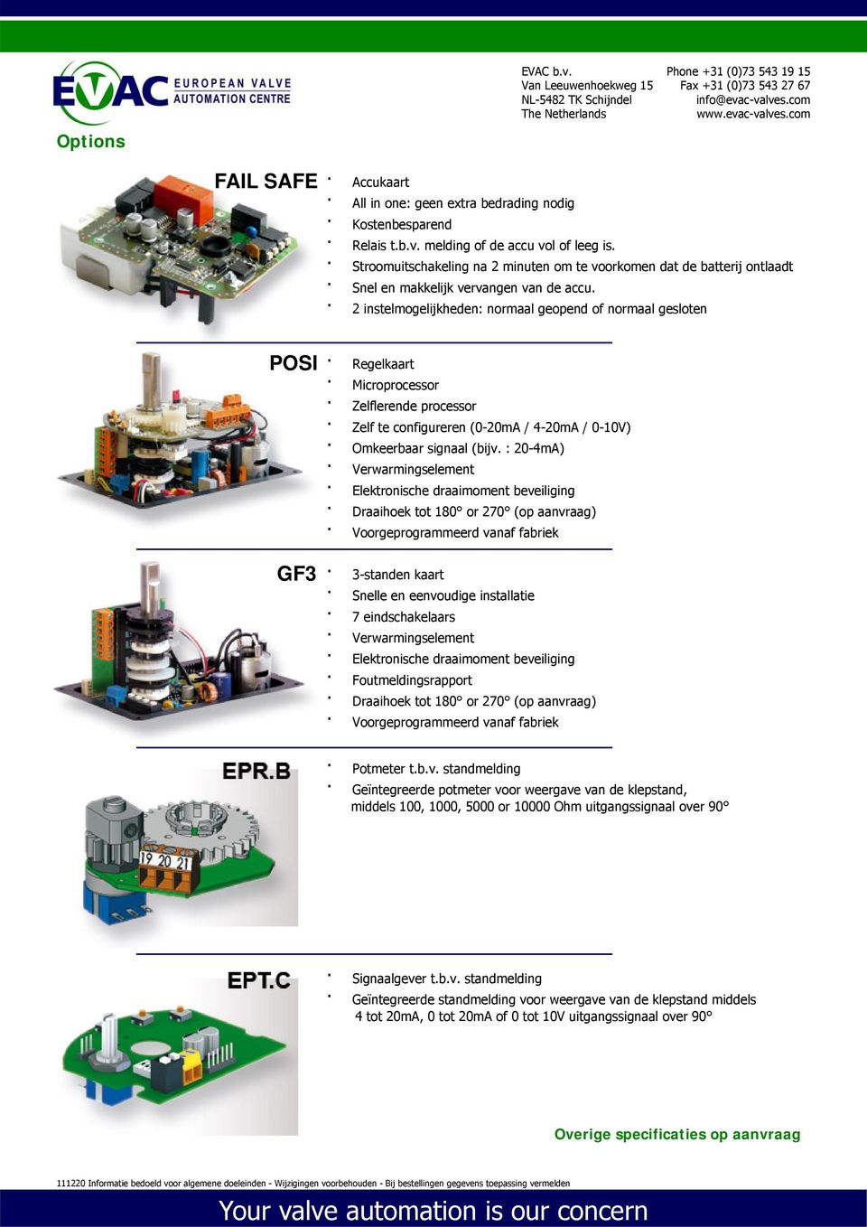 2 instelmogelijkheden: normaal geopend of normaal gesloten POSI Regelkaart Microprocessor Zelflerende processor Zelf te configureren (0-20mA / 4-20mA / 0-10V) Omkeerbaar signaal (bijv.