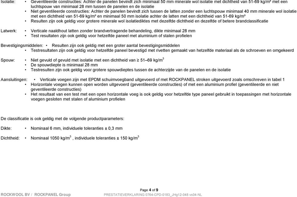 e dichtheid van 51-69 kg/m³ Result zijn ook geldig voor grotere minerale wol isolatiediktes met dezelfde dichtheid dezelfde of betere brandclassificatie Latwerk: Verticale naaldhout latt zonder