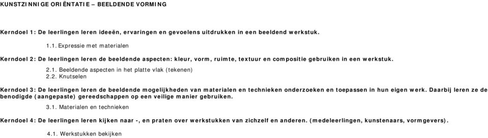 1. Expressie met materialen Kerndoel 2: De leerlingen leren de beeldende aspecten: kleur, vorm, ruimte, textuur en compositie gebruiken in een werkstuk. 2.1. Beeldende aspecten in het platte vlak (tekenen) 2.