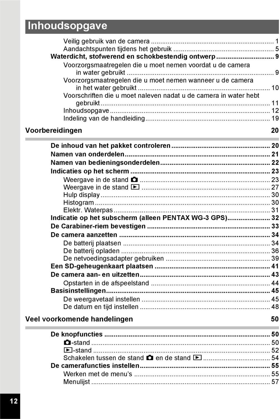 .. 10 Voorschriften die u moet naleven nadat u de camera in water hebt gebruikt... 11 Inhoudsopgave... 12 Indeling van de handleiding... 19 Voorbereidingen 20 De inhoud van het pakket controleren.