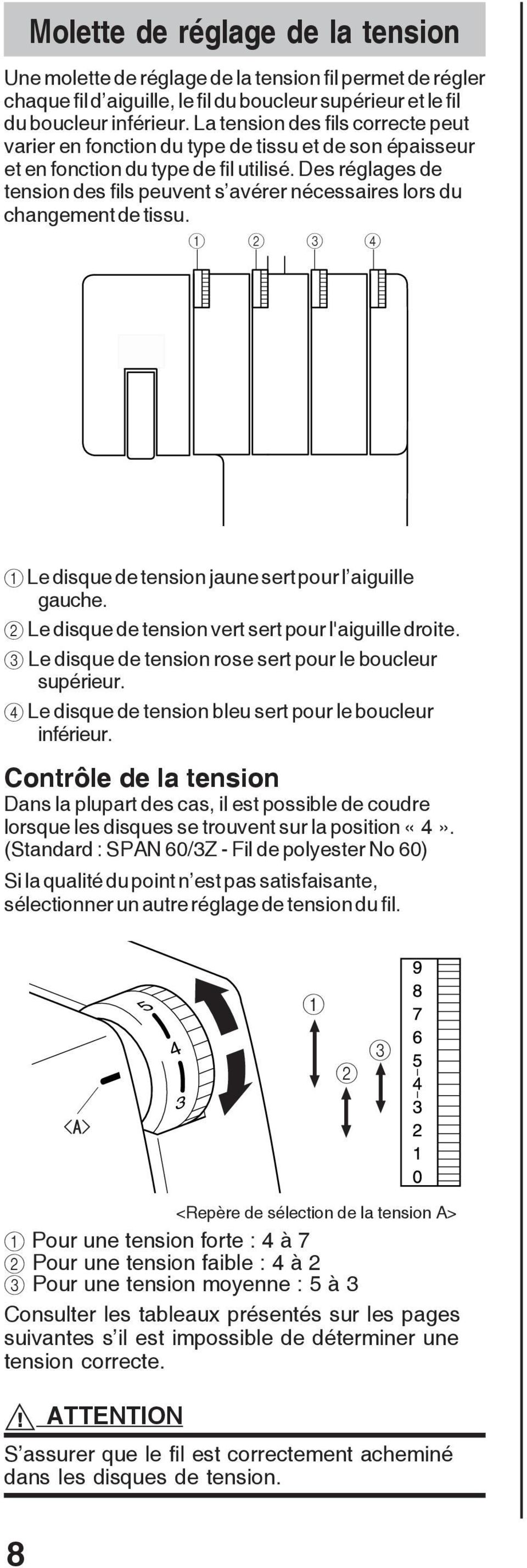 Des réglages de tension des fils peuvent s avérer nécessaires lors du changement de tissu. Le disque de tension jaune sert pour l aiguille gauche.