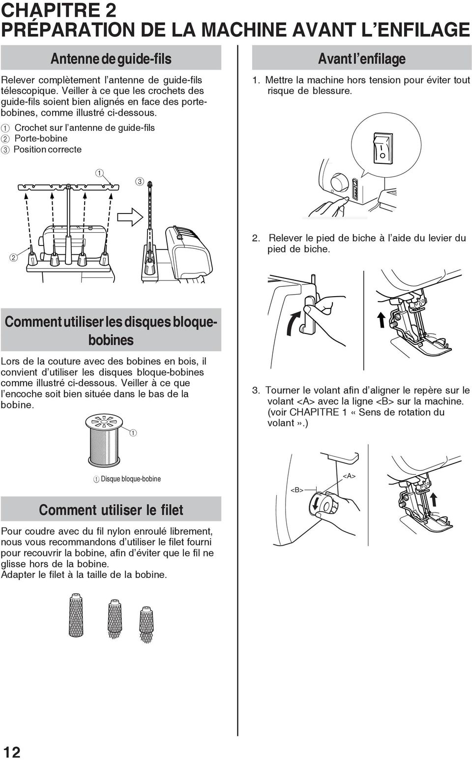 Crochet sur l antenne de guide-fils Porte-bobine Position correcte Avant l enfilage. Mettre la machine hors tension pour éviter tout risque de blessure.