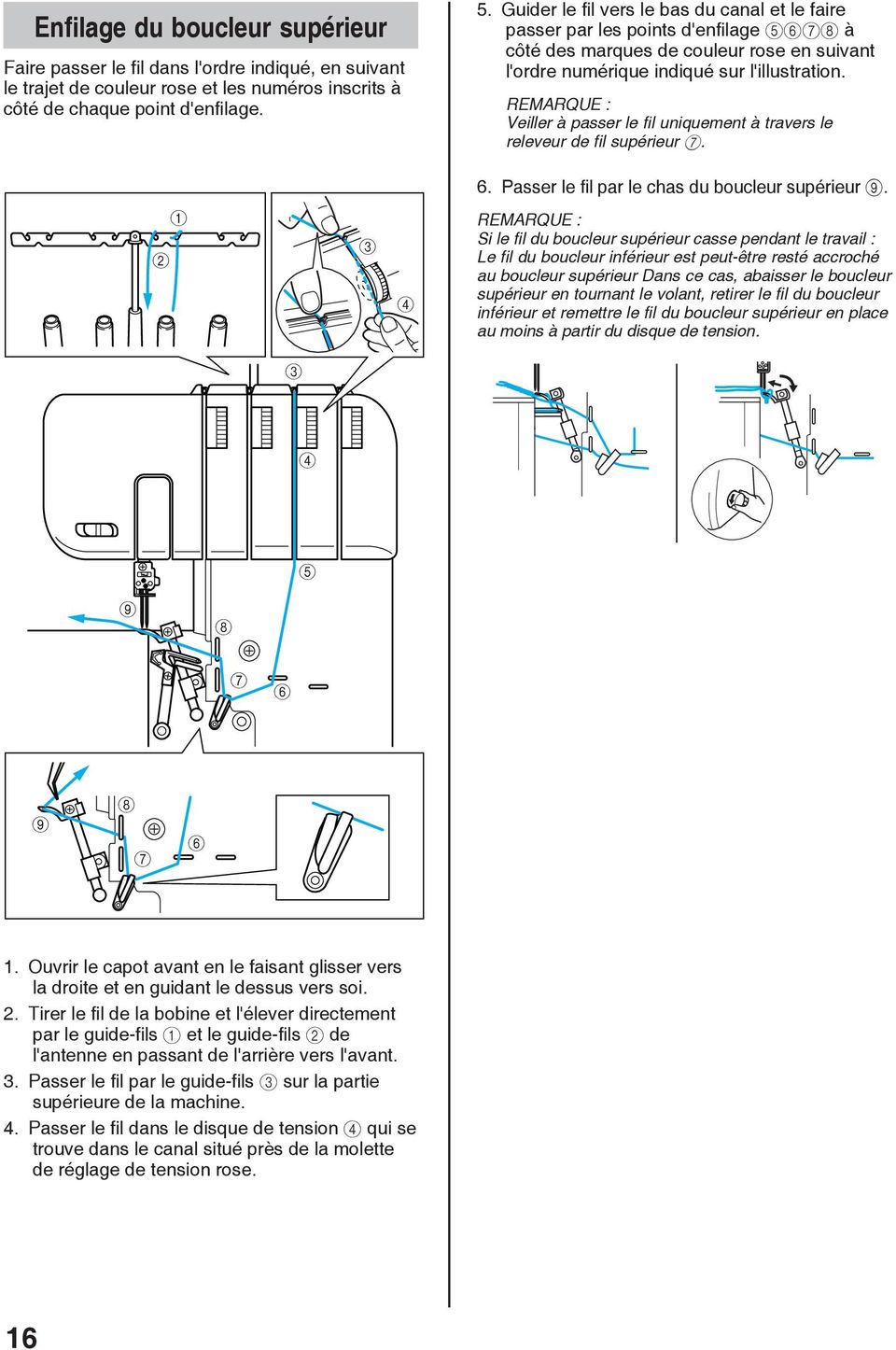 REMARQUE : Veiller à passer le fil uniquement à travers le releveur de fil supérieur 7. 6. Passer le fil par le chas du boucleur supérieur 9.