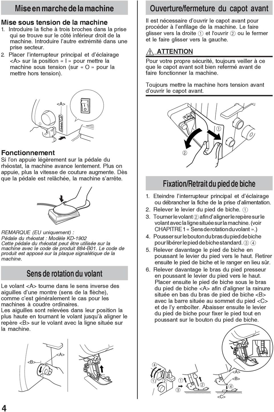 Ouverture/fermeture du capot avant Il est nécessaire d ouvrir le capot avant pour procéder à l enfilage de la machine.