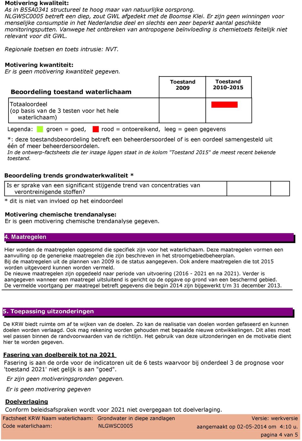 Vanwege het ontbreken van antropogene beïnvloeding is chemietoets feitelijk niet relevant voor dit GWL. Regionale toetsen en toets intrusie: NVT.