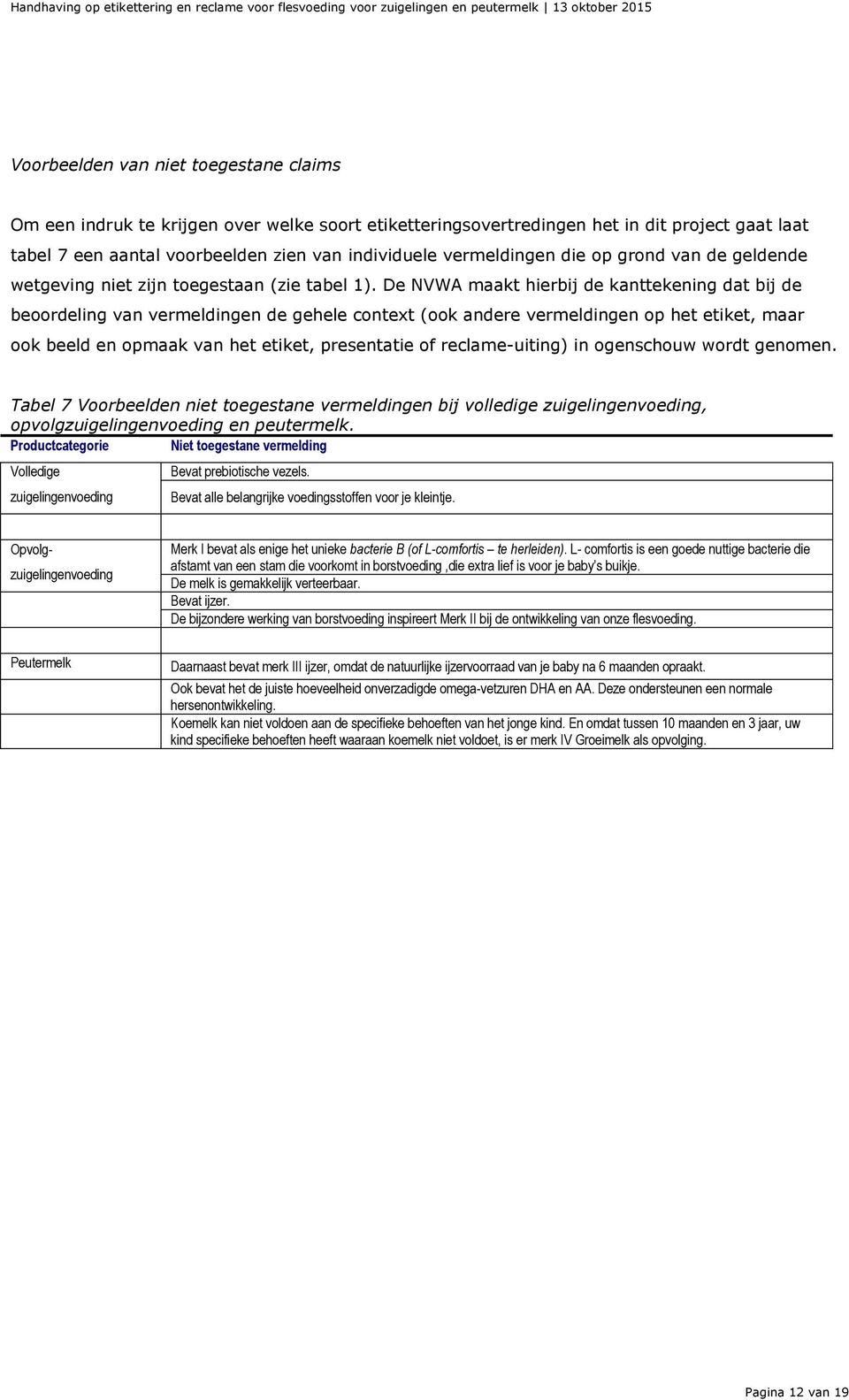 De NVWA maakt hierbij de kanttekening dat bij de beoordeling van vermeldingen de gehele context (ook andere vermeldingen op het etiket, maar ook beeld en opmaak van het etiket, presentatie of