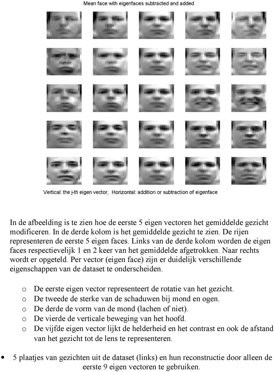 Per vectr (eigen face) zijn er duidelijk verschillende eigenschappen van de dataset te nderscheiden. De eerste eigen vectr representeert de rtatie van het gezicht.