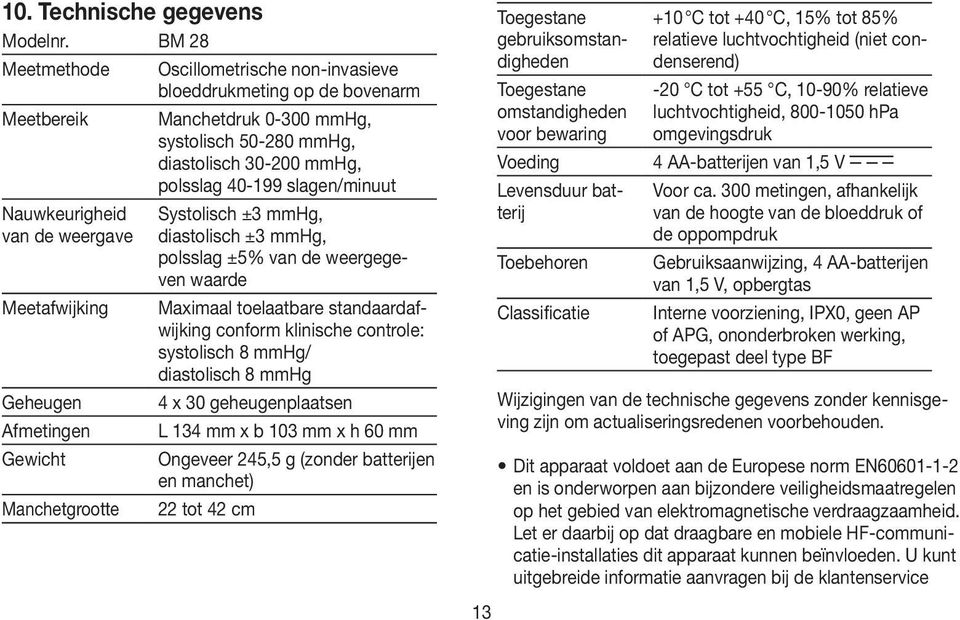 Levensduur batterij BM 28 Oscillometrische non-invasieve bloeddrukmeting op de bovenarm Manchetdruk 0-300 mmhg, systolisch 50-280 mmhg, diastolisch 30-200 mmhg, polsslag 40-199 slagen/minuut