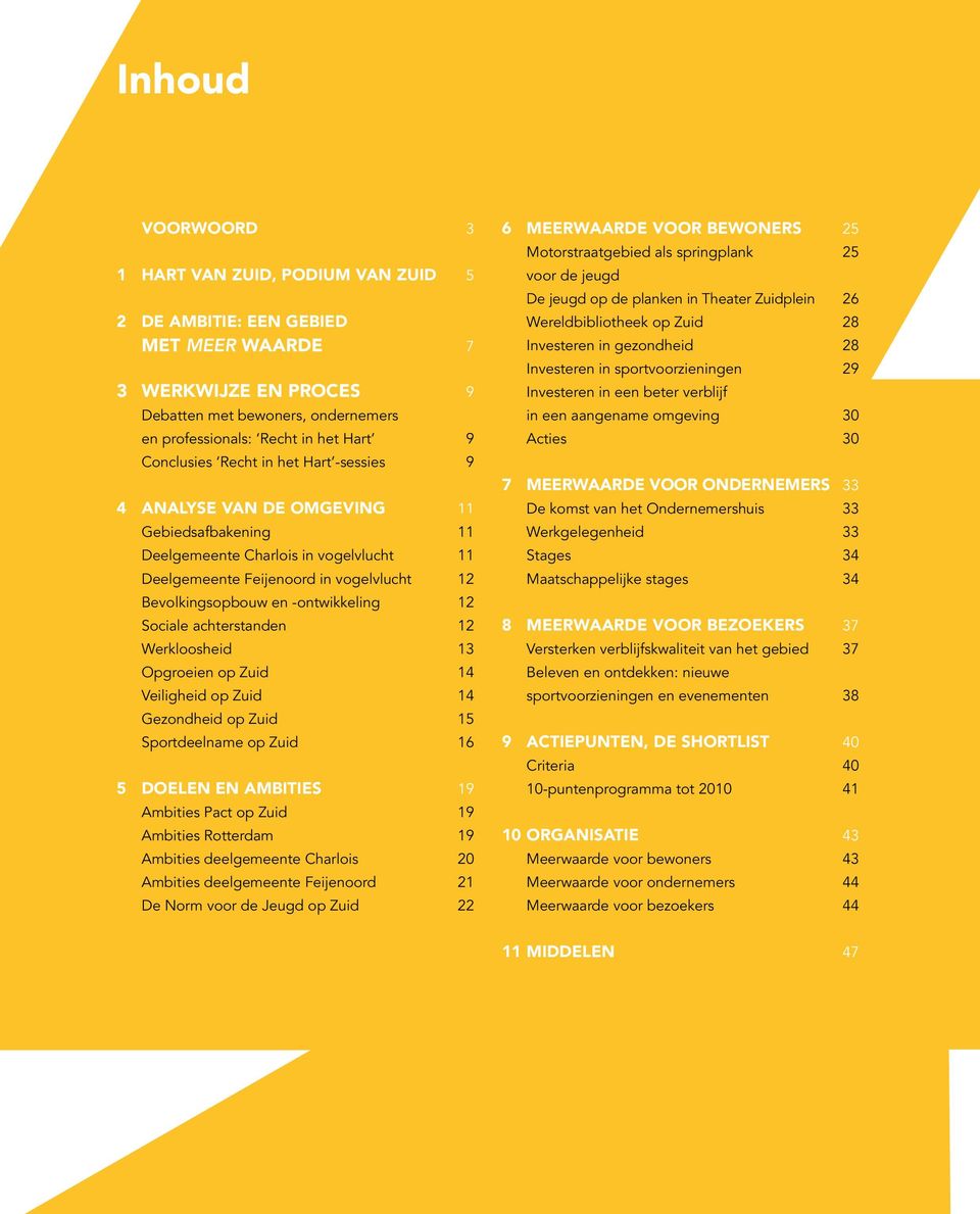 -ontwikkeling 12 Sociale achterstanden 12 Werkloosheid 13 Opgroeien op Zuid 14 Veiligheid op Zuid 14 Gezondheid op Zuid 15 Sportdeelname op Zuid 16 5 DOELEN EN AMBITIES 19 Ambities Pact op Zuid 19