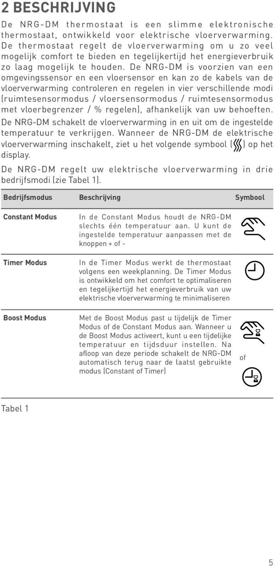 De NRG-DM is voorzien van een omgevingssensor en een vloersensor en kan zo de kabels van de vloerverwarming controleren en regelen in vier verschillende modi (ruimtesensormodus / vloersensormodus /