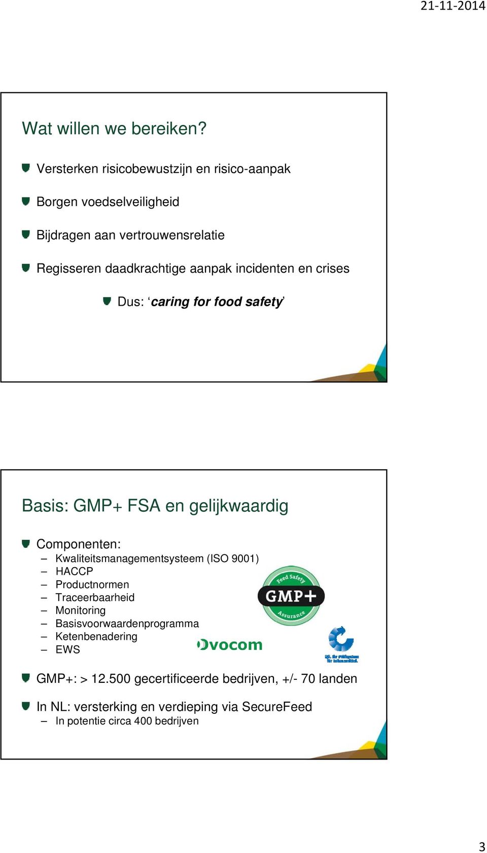 aanpak incidenten en crises Dus: caring for food safety Basis: GMP+ FSA en gelijkwaardig Componenten: Kwaliteitsmanagementsysteem