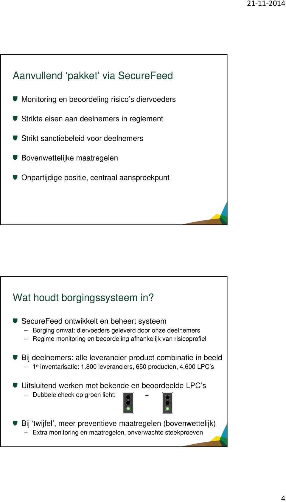 SecureFeed ontwikkelt en beheert systeem Borging g omvat: diervoeders geleverd door onze deelnemers Regime monitoring en beoordeling afhankelijk van risicoprofiel Bij deelnemers: alle