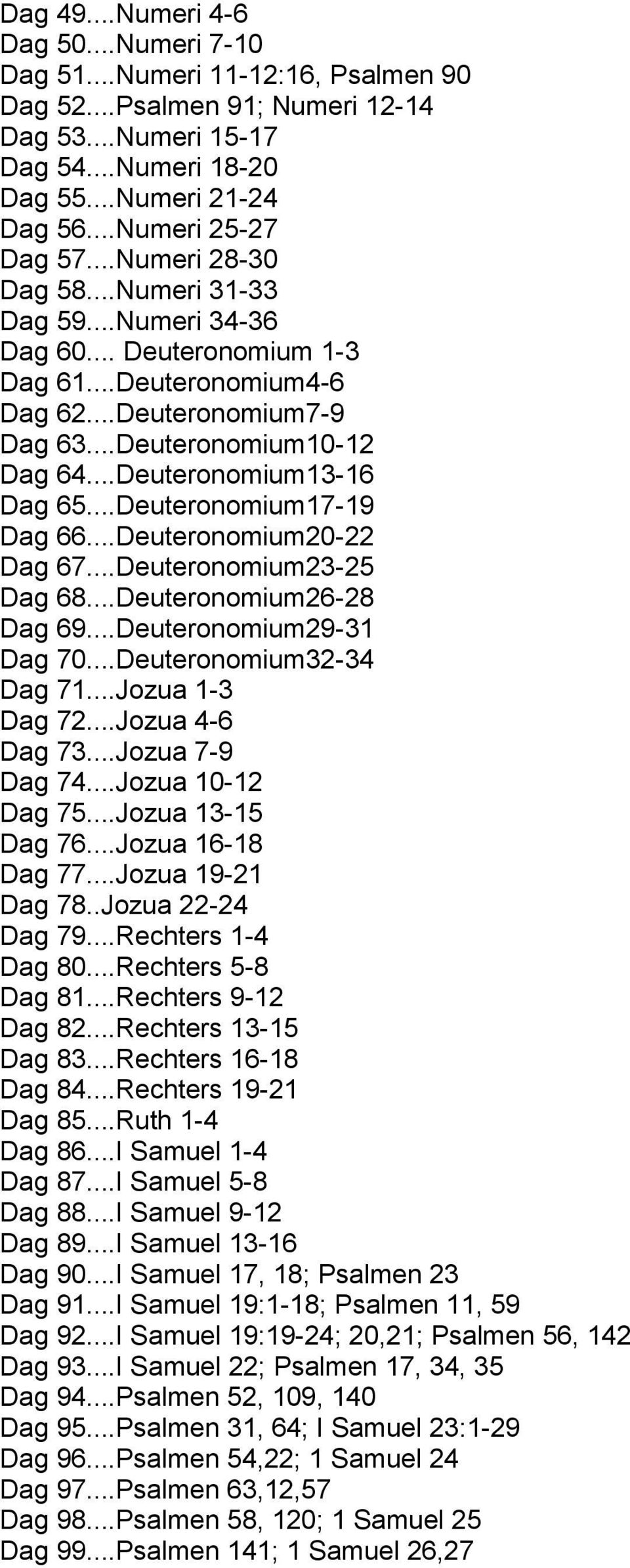 ..Deuteronomium13-16 Dag 65...Deuteronomium17-19 Dag 66...Deuteronomium20-22 Dag 67...Deuteronomium23-25 Dag 68...Deuteronomium26-28 Dag 69...Deuteronomium29-31 Dag 70...Deuteronomium32-34 Dag 71.