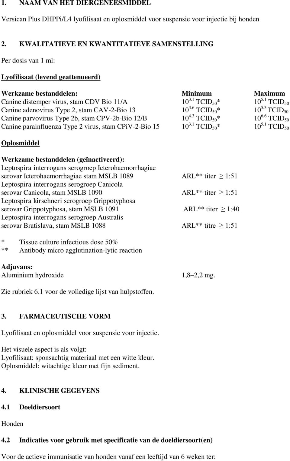 1 TCID 50 * 10 5.1 TCID 50 Canine adenovirus Type 2, stam CAV-2-Bio 13 10 3.6 TCID 50 * 10 5.3 TCID 50 Canine parvovirus Type 2b, stam CPV-2b-Bio 12/B 10 4.3 TCID 50 * 10 6.