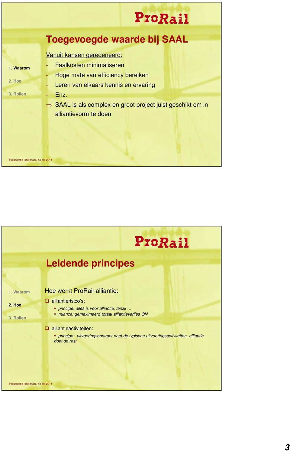 SAAL is als complex en groot project juist geschikt om in alliantievorm te doen Leidende principes Hoe werkt ProRail-alliantie: