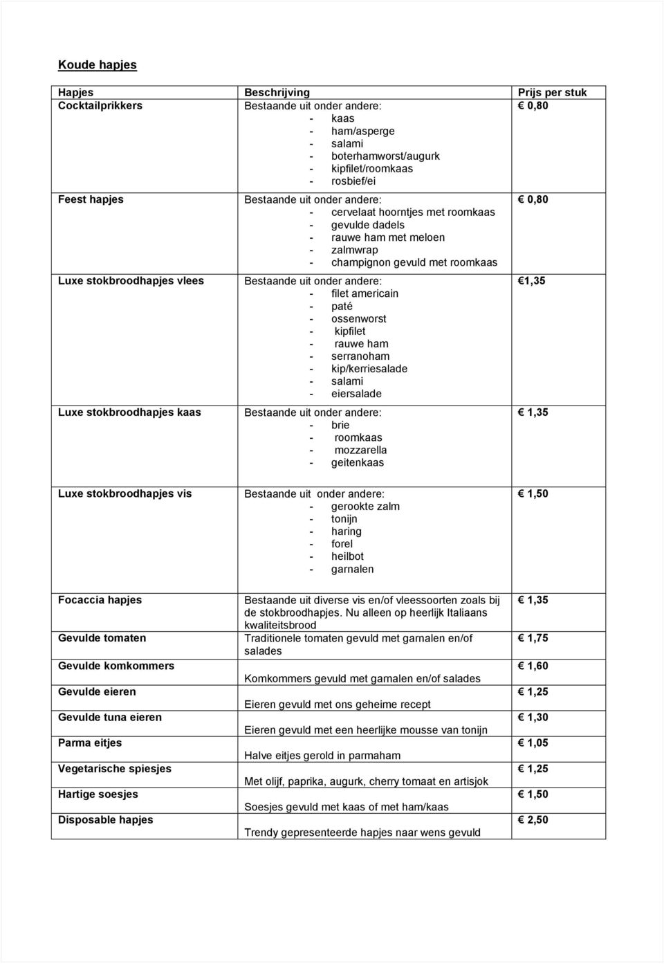 rauwe ham - serranoham - kip/kerriesalade - salami - eiersalade - brie - roomkaas - mozzarella - geitenkaas 0,80 1,35 1,35 Luxe stokbroodhapjes vis - gerookte zalm - tonijn - haring - forel - heilbot