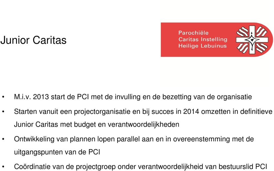 projectorganisatie en bij succes in 2014 omzetten in definitieve Junior Caritas met budget en