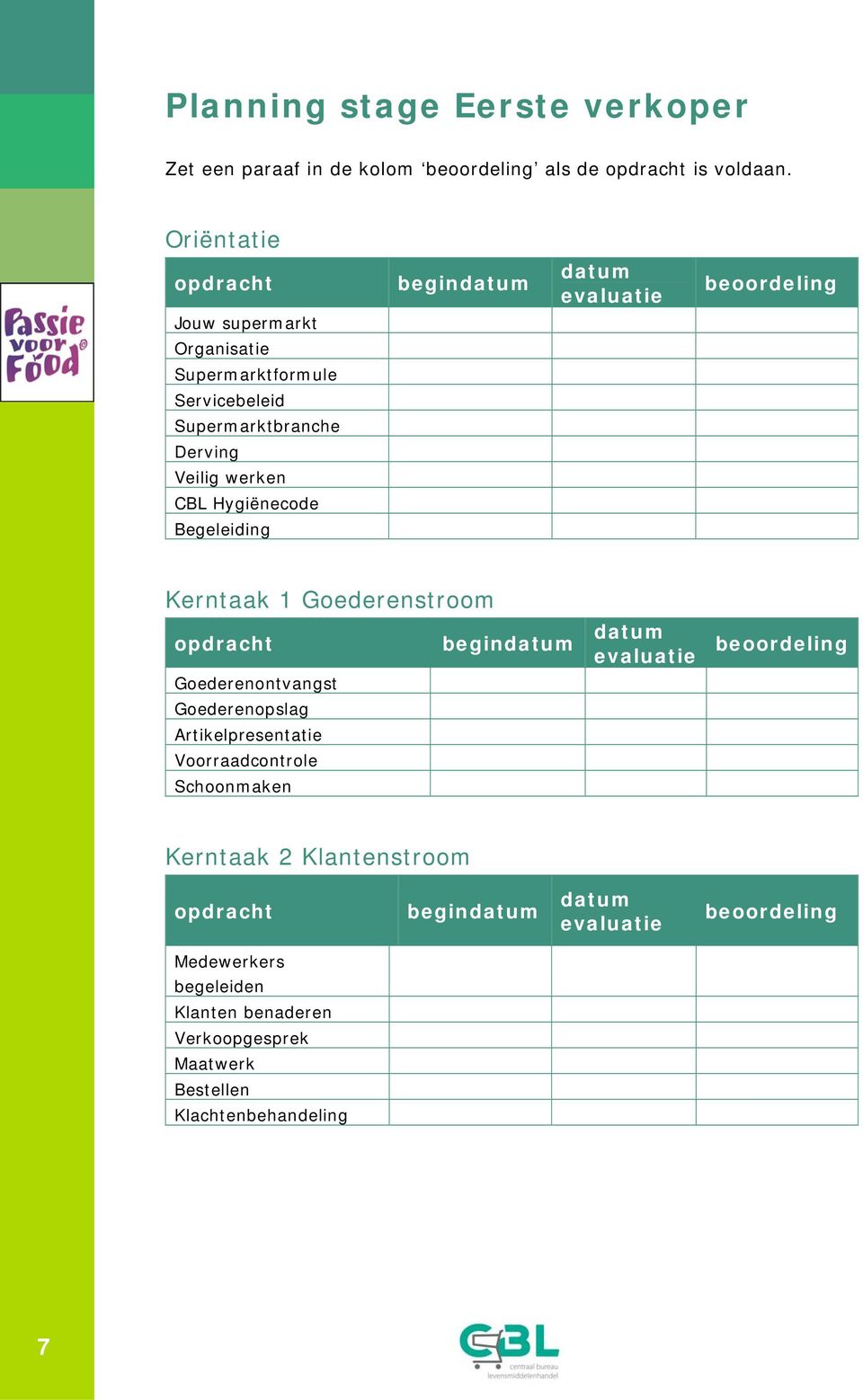 werken CBL Hygiënecode Begeleiding Kerntaak 1 Goederenstroom opdracht begindatum datum evaluatie Goederenontvangst Goederenopslag Artikelpresentatie