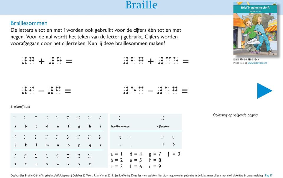 sto hond lezen braille sto hond lezen braille sommen De letters a tot en met i worden oo gebruit voor de cijfers één tot en met negen. Voor de nul wordt het teen van de letter j gebruit.