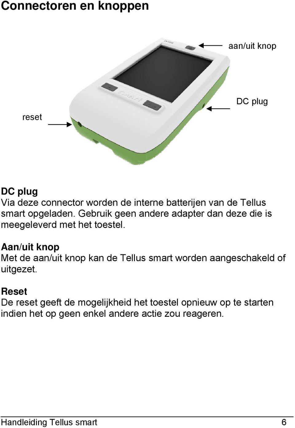 Aan/uit knop Met de aan/uit knop kan de Tellus smart worden aangeschakeld of uitgezet.