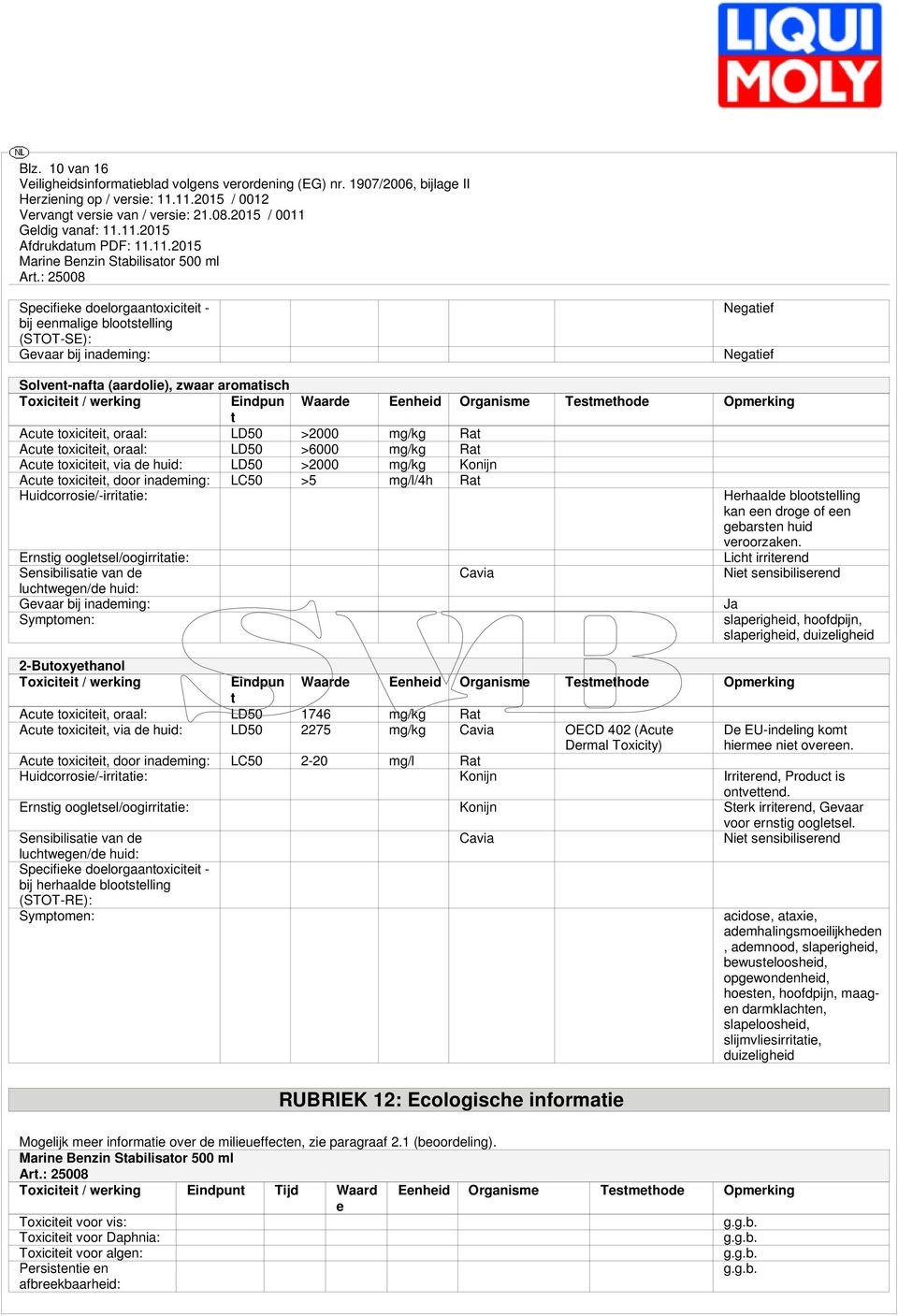 Acute toxiciteit, door inademing: LC50 >5 mg/l/4h Rat Huidcorrosie/-irritatie: Herhaalde blootstelling kan een droge of een gebarsten huid veroorzaken.