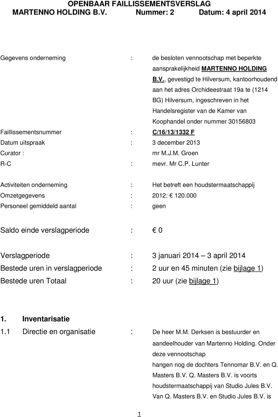 Faillissementsnummer : C/16/13/1332 F Datum uitspraak : 3 december 2013 Curator : mr M.J.M. Groen R-C : mevr. Mr C.P.