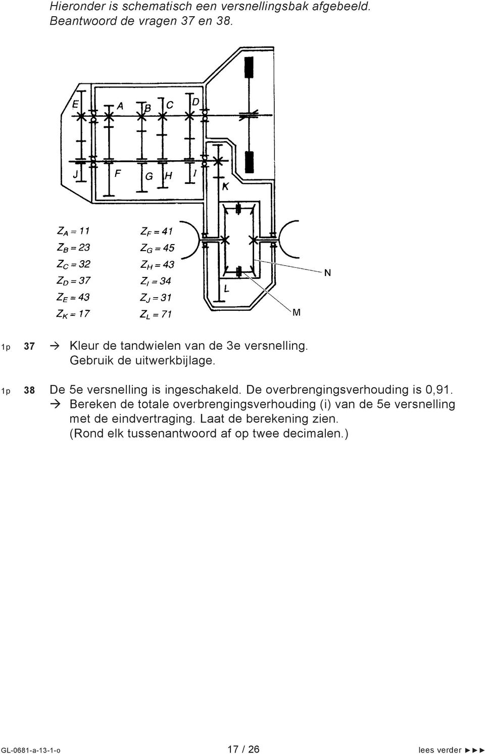 38 De 5e versnelling is ingeschakeld. De overbrengingsverhouding is 0,91.