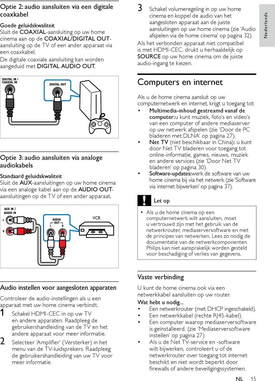 3 Schakel volumeregeling in op uw home cinema en koppel de audio van het aangesloten apparaat aan de juiste aansluitingen op uw home cinema (zie Audio afspelen via de home cinema op pagina 32).