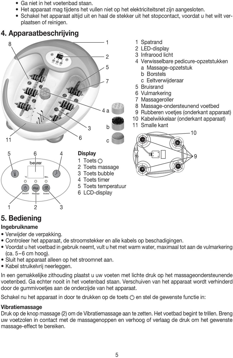 Apparaatbeschrijving 8 11 6 3 1 2 5 7 4 a b c 1 Spatrand 2 LED-display 3 Infrarood licht 4 Verwisselbare pedicure-opzetstukken a Massage-opzetstuk b Borstels c Eeltverwijderaar 5 Bruisrand 6