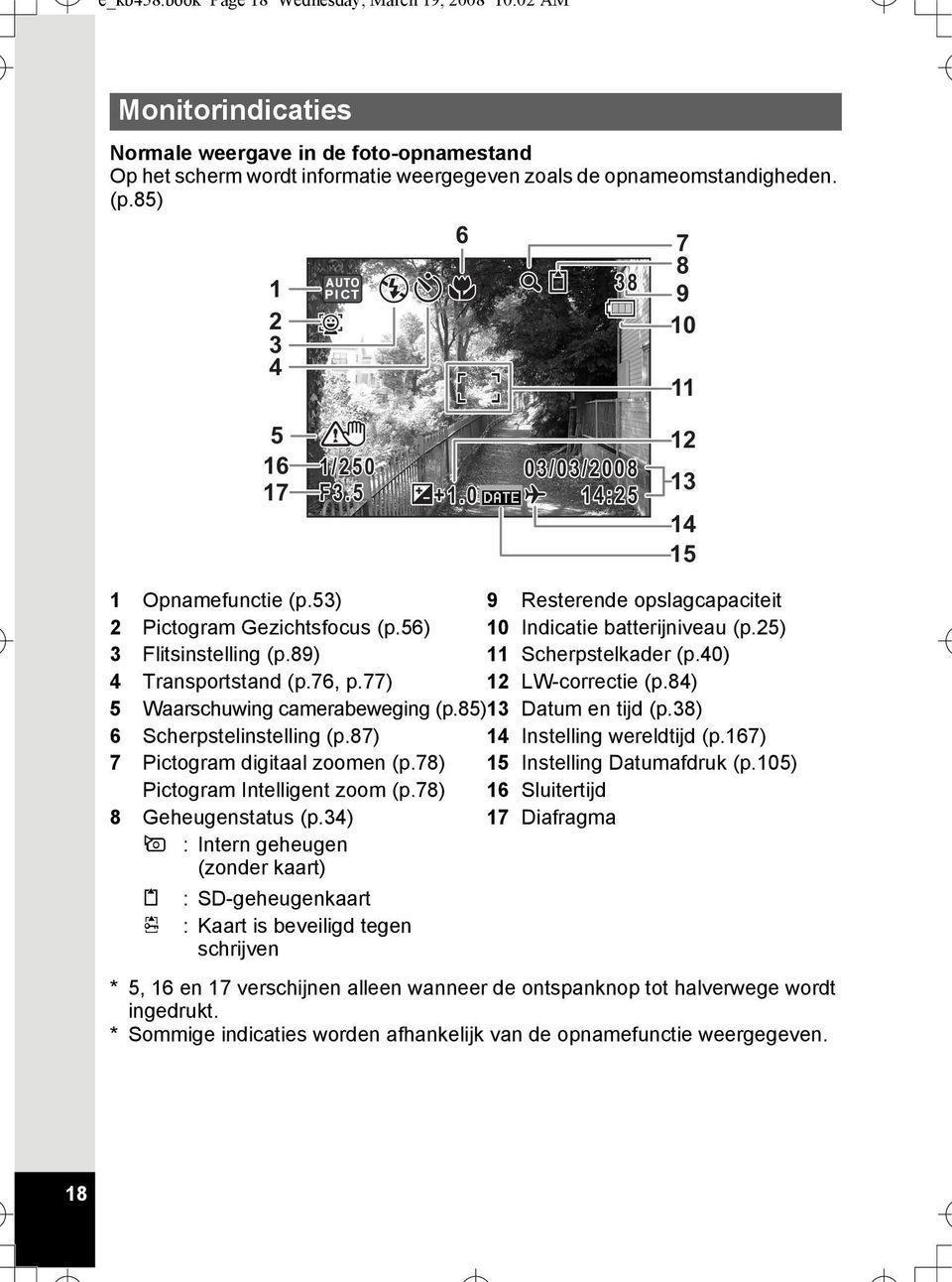 25) 3 Flitsinstelling (p.89) 11 Scherpstelkader (p.40) 4 Transportstand (p.76, p.77) 12 LW-correctie (p.84) 5 Waarschuwing camerabeweging (p.85)13 Datum en tijd (p.38) 6 Scherpstelinstelling (p.