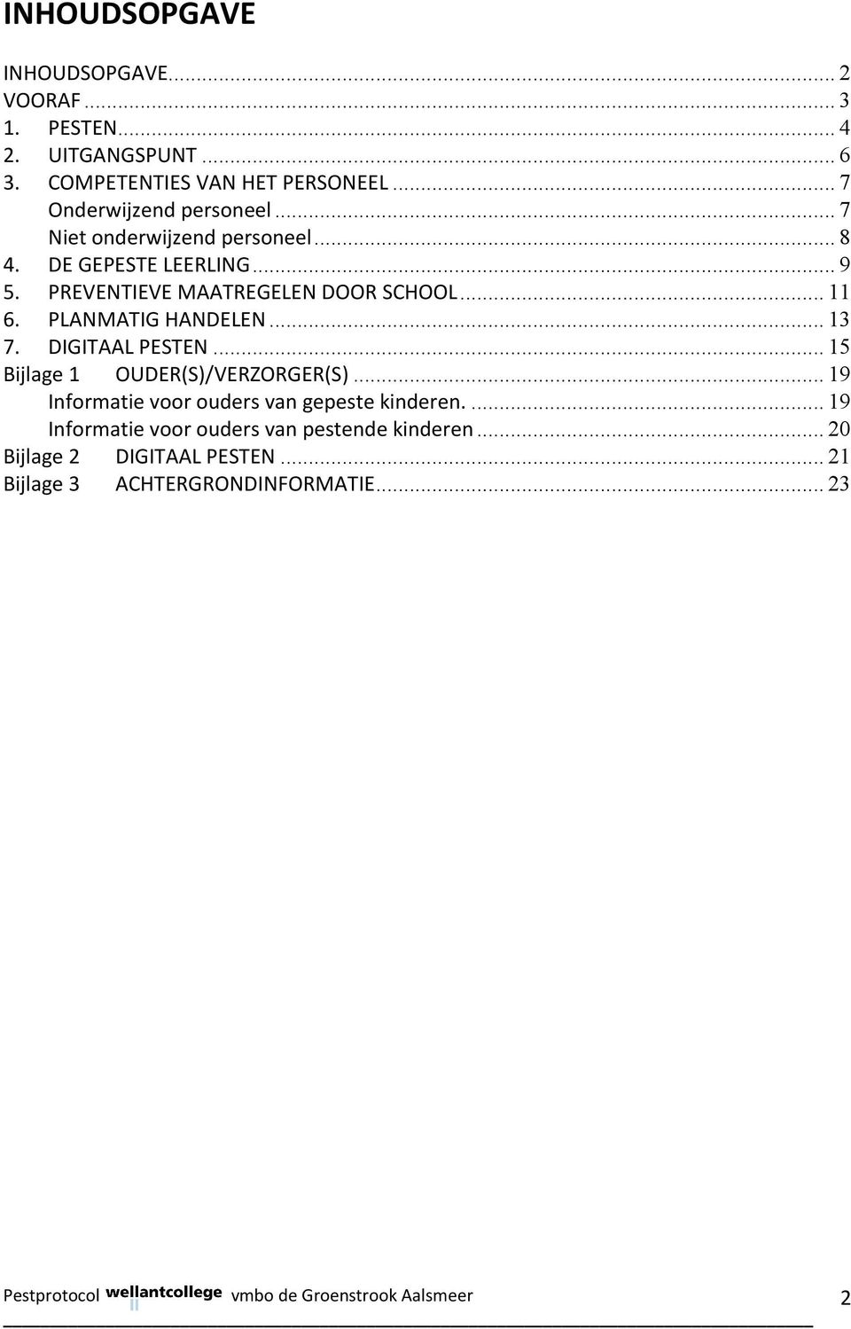 PREVENTIEVE MAATREGELEN DOOR SCHOOL... 11 6. PLANMATIG HANDELEN... 13 7. DIGITAAL PESTEN... 15 Bijlage 1 OUDER(S)/VERZORGER(S).