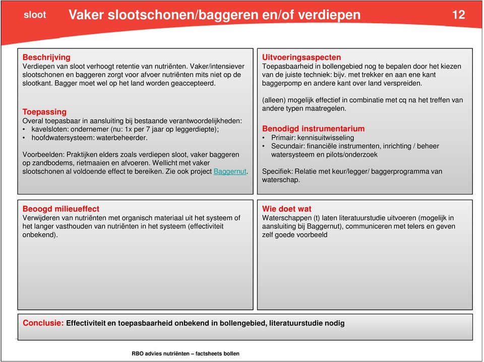 Overal toepasbaar in aansluiting bij bestaande verantwoordelijkheden: kavelsloten: ondernemer (nu: 1x per 7 jaar op leggerdiepte); hoofdwatersysteem: waterbeheerder.