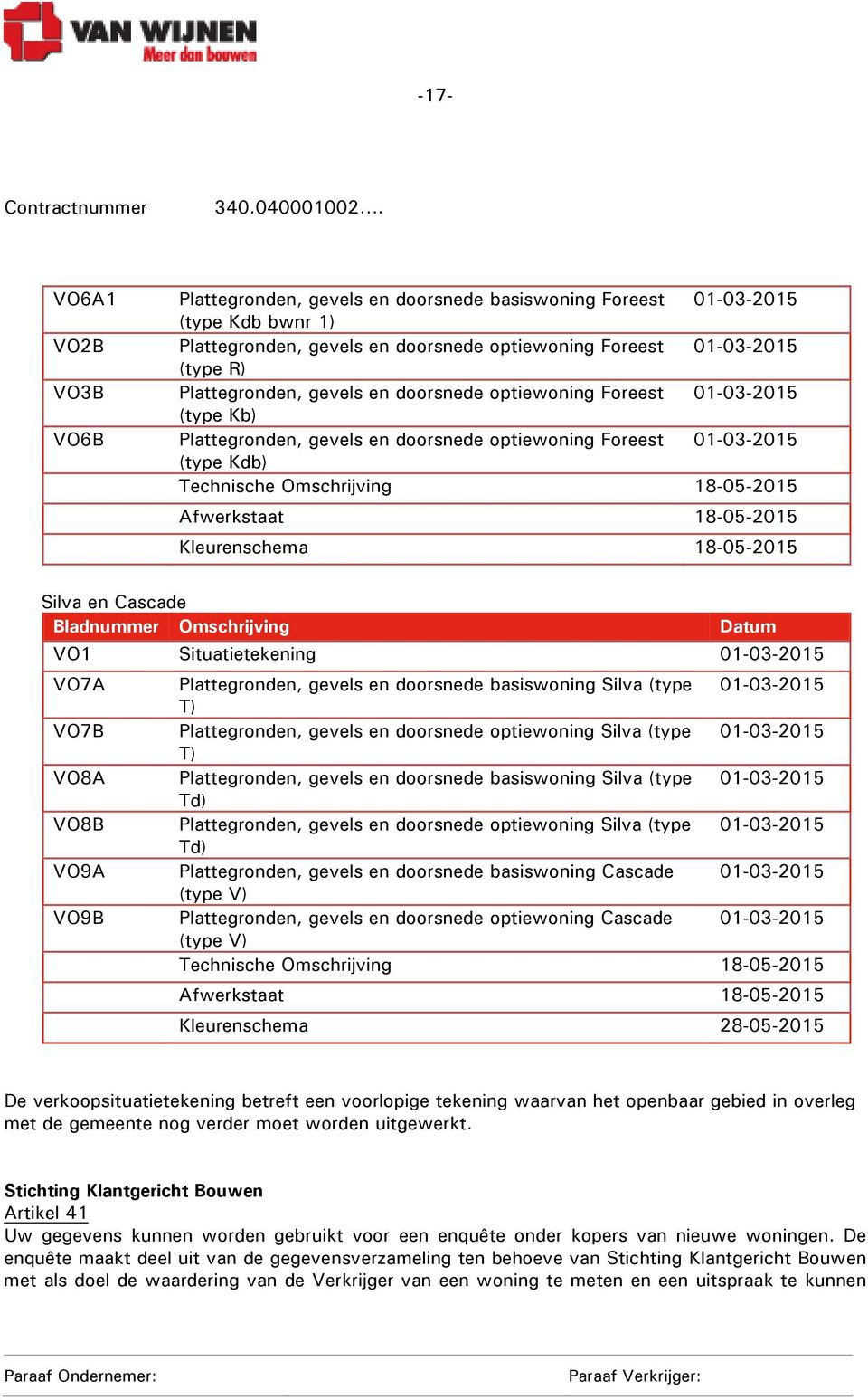 Kleurenschema 18-05-2015 Silva en Cascade Bladnummer Omschrijving Datum VO1 Situatietekening 01-03-2015 VO7A Plattegronden, gevels en doorsnede basiswoning Silva (type 01-03-2015 T) VO7B