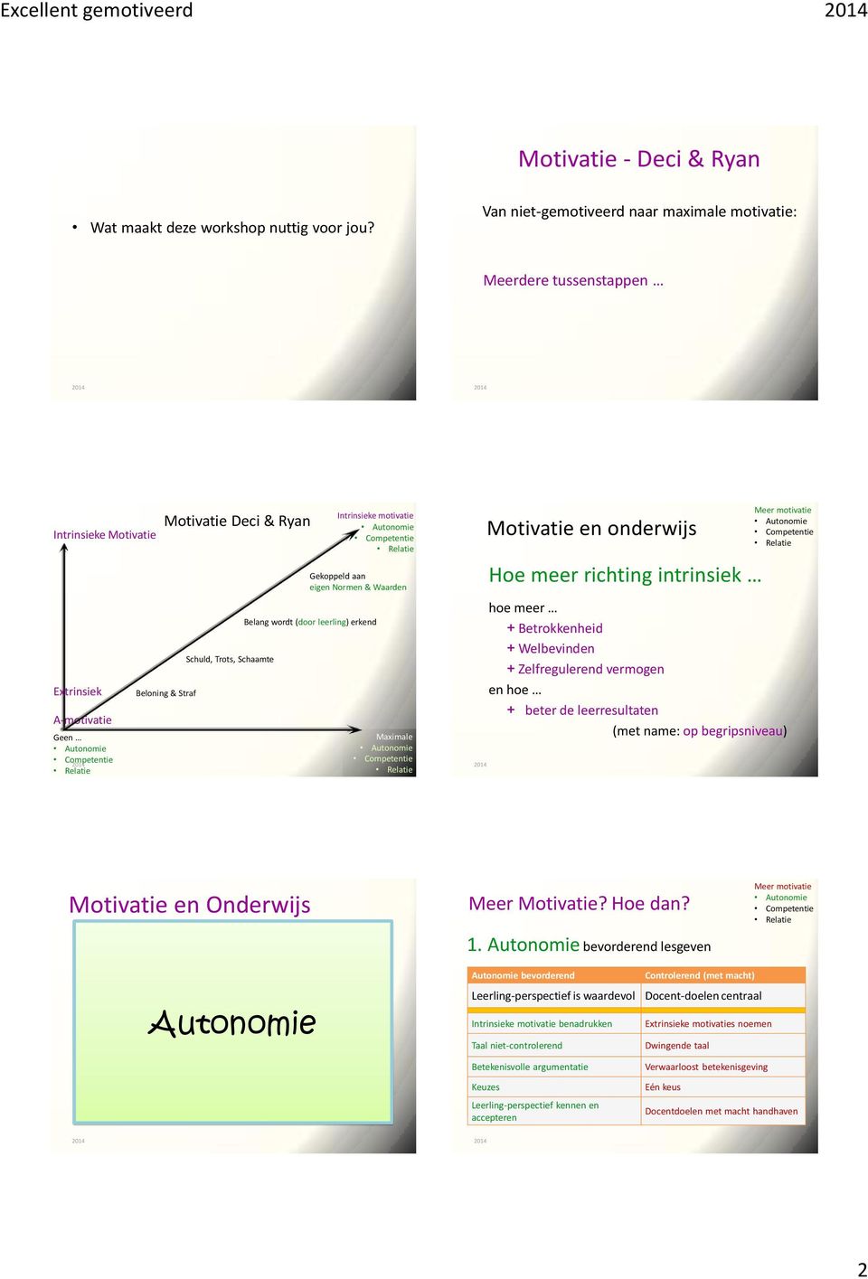 Motivatie Deci & Ryan Schuld, Trots, Schaamte Belang wordt (door leerling) erkend Intrinsieke motivatie Gekoppeld aan eigen Normen & Waarden Maximale Motivatie en onderwijs Hoe meer richting