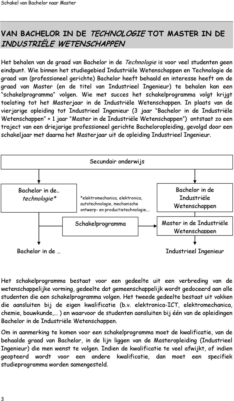 Industrieel Ingenieur) te behalen kan een schakelprogramma volgen. Wie met succes het schakelprogramma volgt krijgt toelating tot het Masterjaar in de Industriële Wetenschappen.