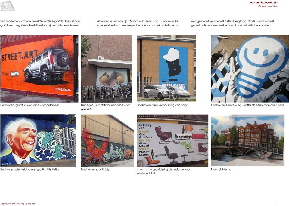 Graffiti wordt al veel gebruikt als reclame, eerbetoon of puur esthetische waarden. Eindhoven, graffiti als reclame voor automerk. Nijmegen, Burchtstraat (reclame voor Eindhoven, Strijp.