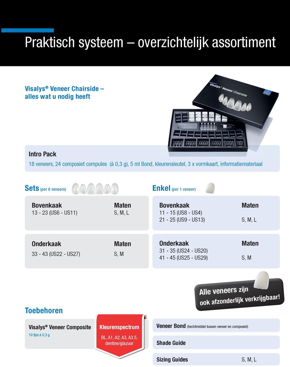 - US13) S, M, L Onderkaak 33-43 (US22 - US27) S, M Onderkaak 31-35 (US24 - US20) 41-45 (US25 - US29) S, M Toebehoren Alle veneers zijn ook afzonderlijk verkrijgbaar!