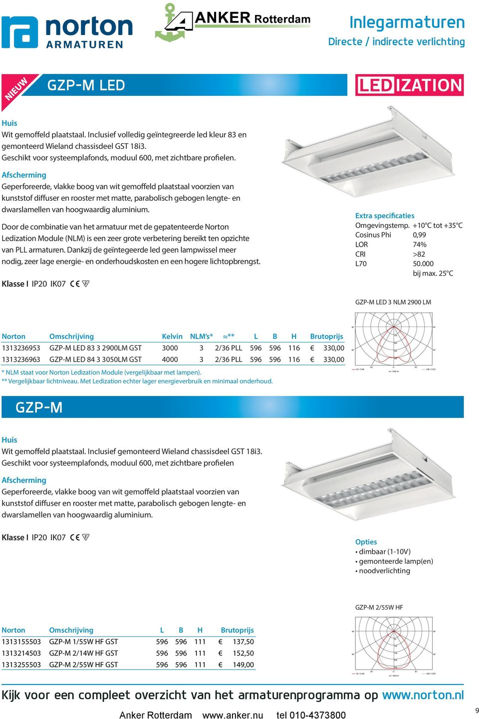 Afscherming Geperforeerde, vlakke boog van wit gemoffeld plaatstaal voorzien van kunststof diffuser en rooster met matte, parabolisch gebogen lengte- en dwarslamellen van hoogwaardig aluminium.