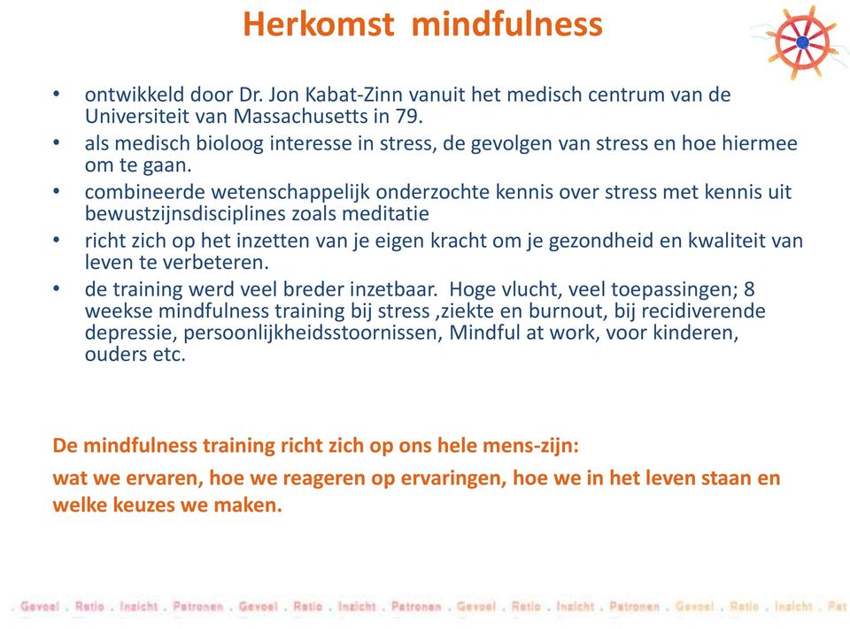 combineerde wetenschappelijk onderzochte kennis over stress met kennis uit bewustzijnsdisciplines zoals meditatie richt zich op het inzetten van je eigen kracht om je gezondheid en kwaliteit van