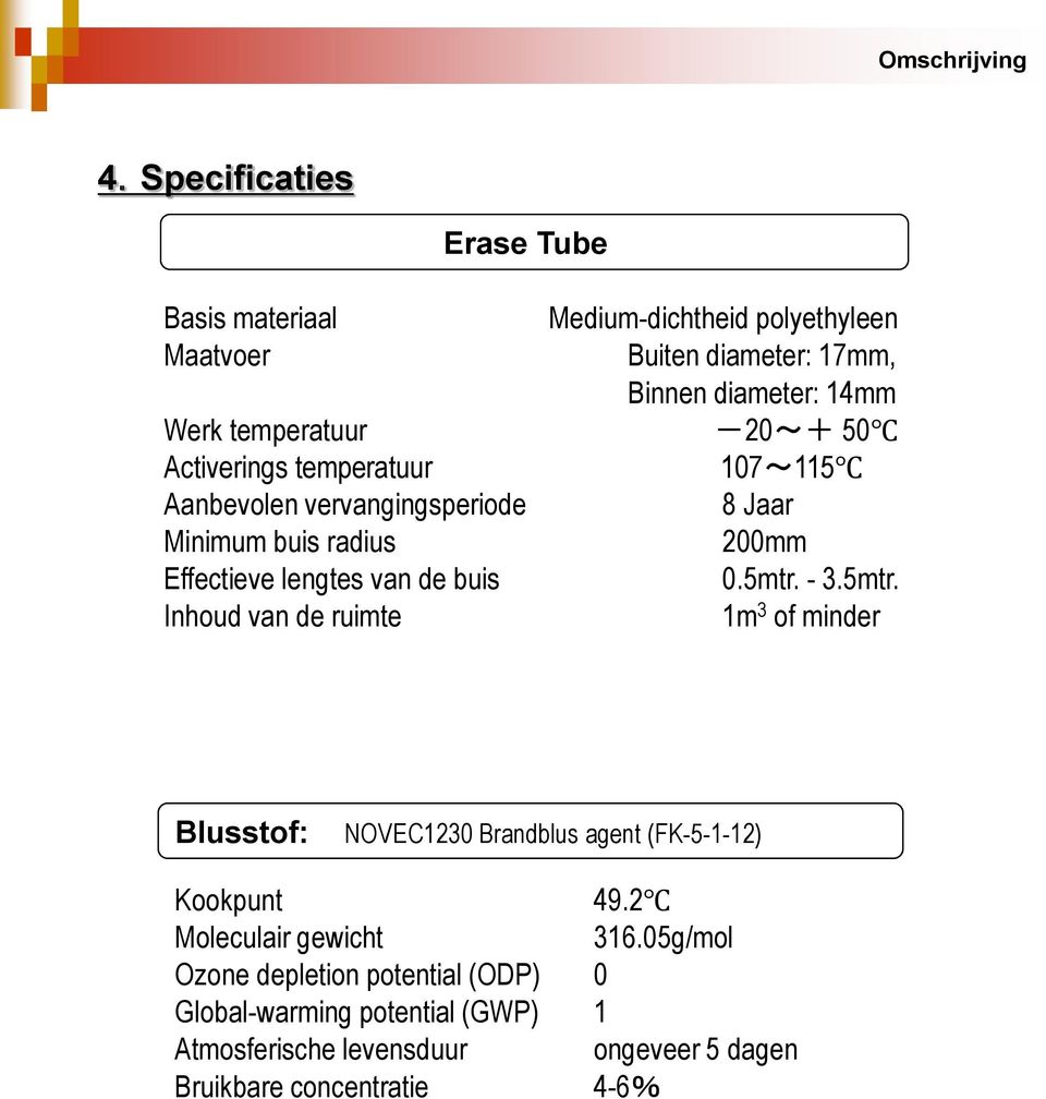 -20~+ 50 Activerings temperatuur 107~115 Aanbevolen vervangingsperiode 8 Jaar Minimum buis radius 200mm Effectieve lengtes van de buis 0.5mtr.