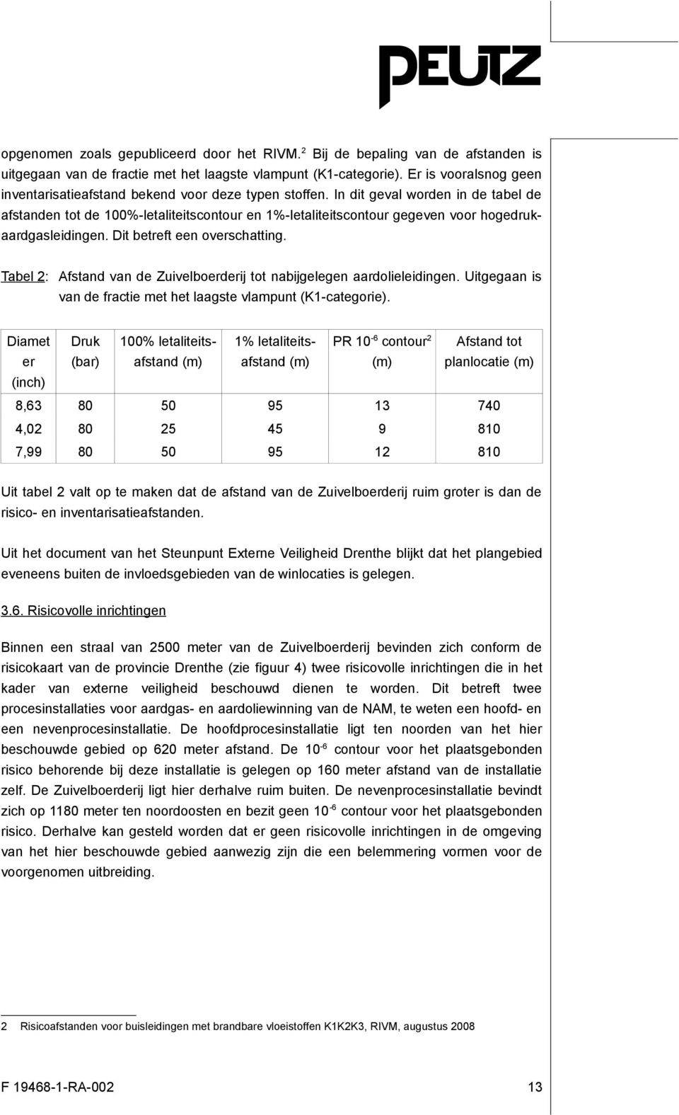 In dit geval worden in de tabel de afstanden tot de 100%-letaliteitscontour en 1%-letaliteitscontour gegeven voor hogedrukaardgasleidingen. Dit betreft een overschatting.