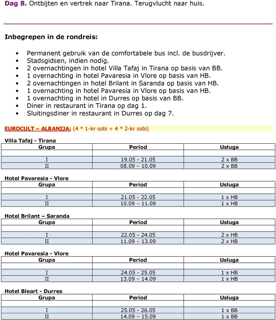 1 overnachting in hotel Pavaresia in Vlore op basis van HB. 1 overnachting in hotel in Durres op basis van BB. Diner in restaurant in Tirana op dag 1. Sluitingsdiner in restaurant in Durres op dag 7.