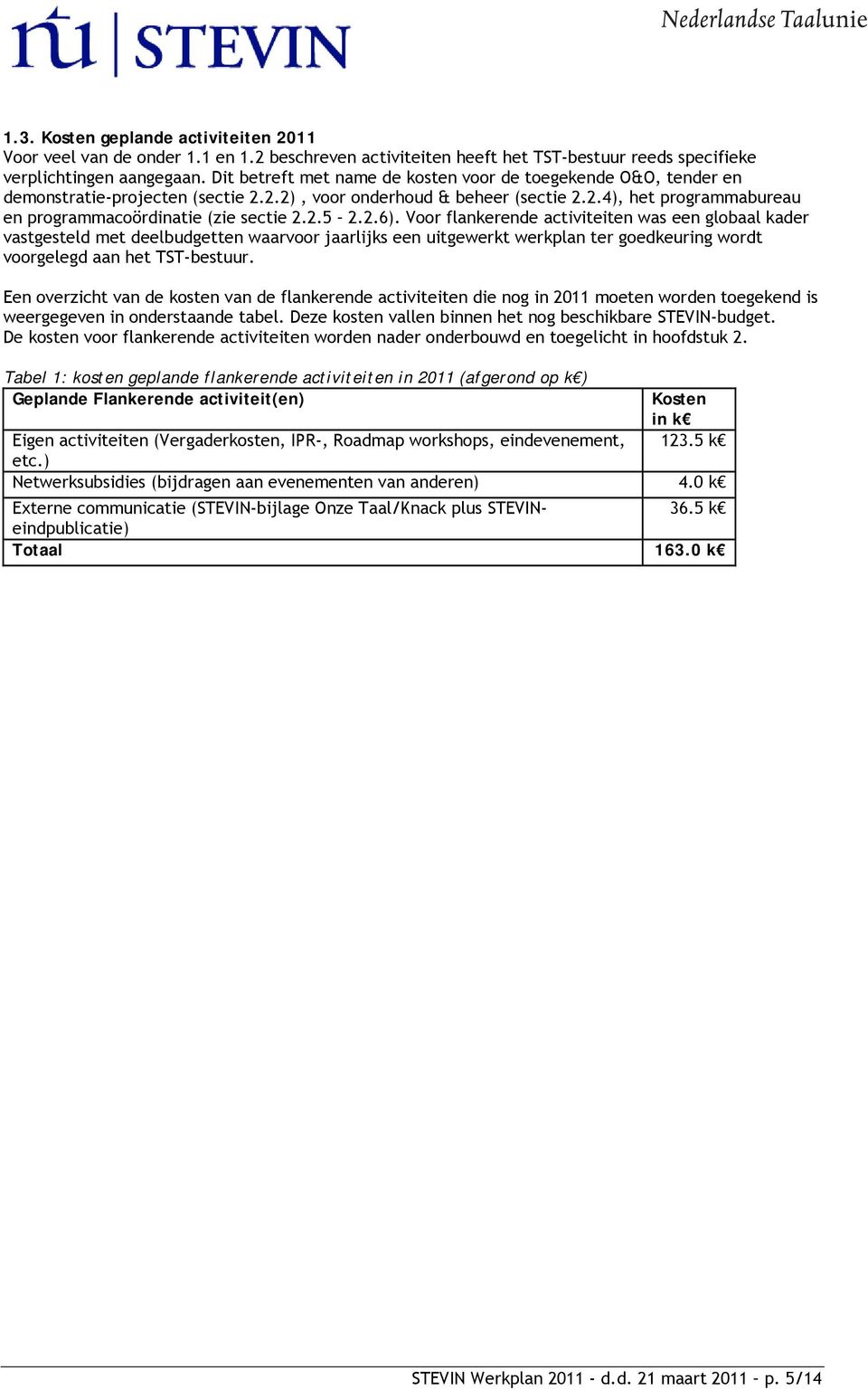 2.5 2.2.6). Voor flankerende activiteiten was een globaal kader vastgesteld met deelbudgetten waarvoor jaarlijks een uitgewerkt werkplan ter goedkeuring wordt voorgelegd aan het TST-bestuur.