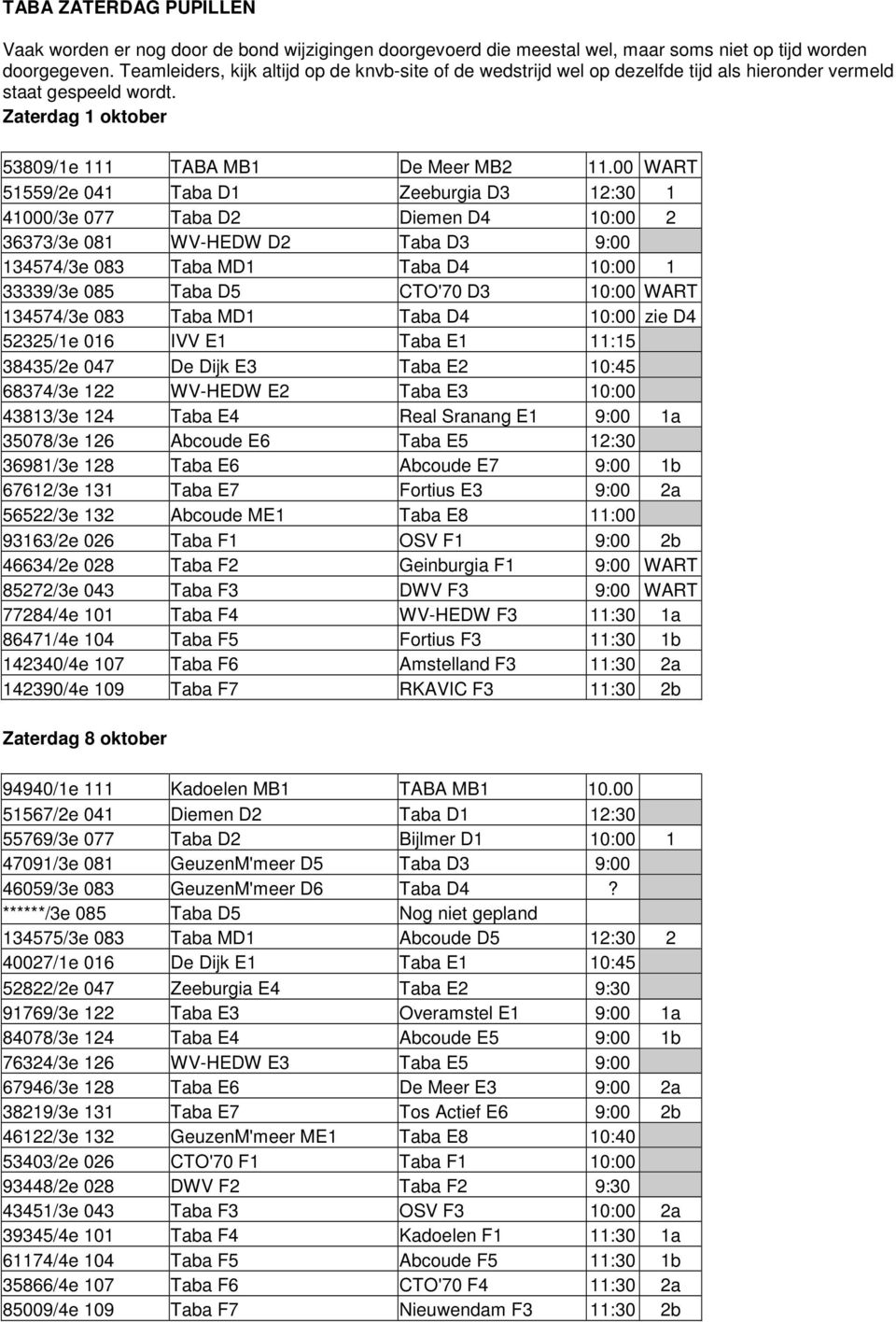 00 WART 51559/2e 041 Taba D1 Zeeburgia D3 12:30 1 41000/3e 077 Taba D2 Diemen D4 10:00 2 36373/3e 081 WV-HEDW D2 Taba D3 9:00 134574/3e 083 Taba MD1 Taba D4 10:00 1 33339/3e 085 Taba D5 CTO'70 D3