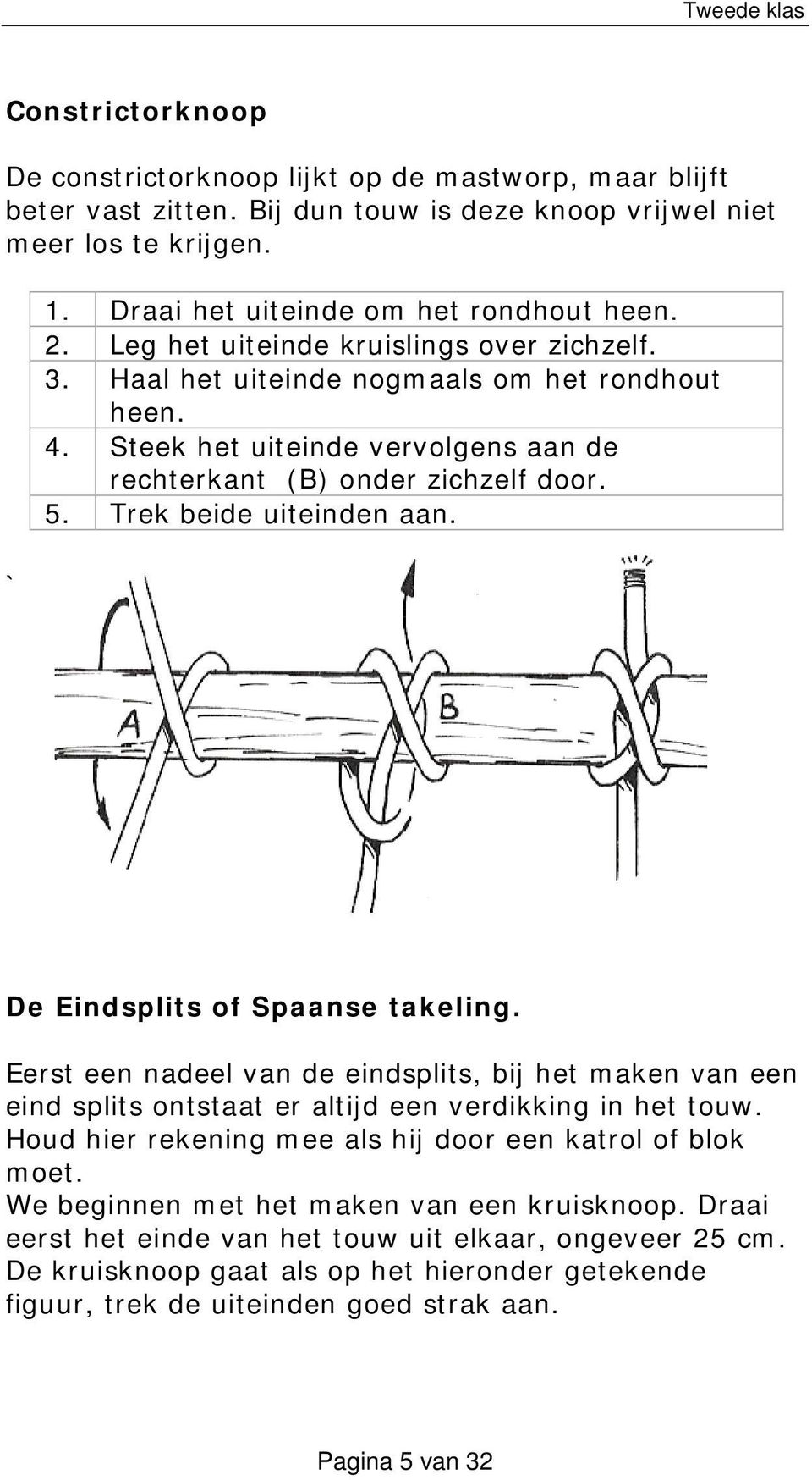 De Eindsplits of Spaanse takeling. Eerst een nadeel van de eindsplits, bij het maken van een eind splits ontstaat er altijd een verdikking in het touw.