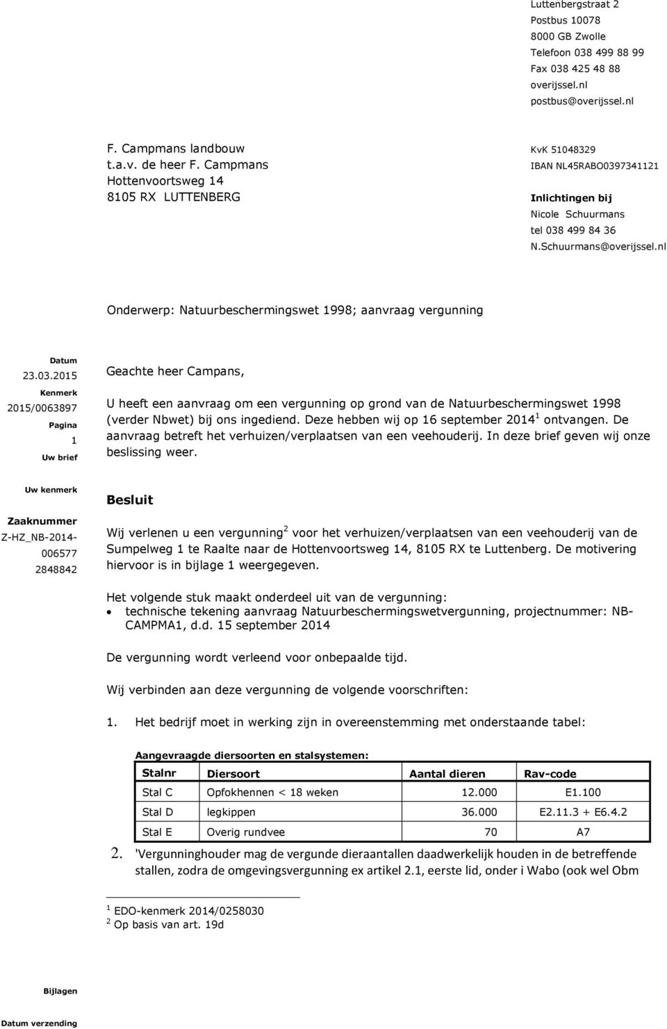 nl Onderwerp: Natuurbeschermingswet 1998; aanvraag vergunning 1 Geachte heer Campans, U heeft een aanvraag om een vergunning op grond van de Natuurbeschermingswet 1998 (verder Nbwet) bij ons