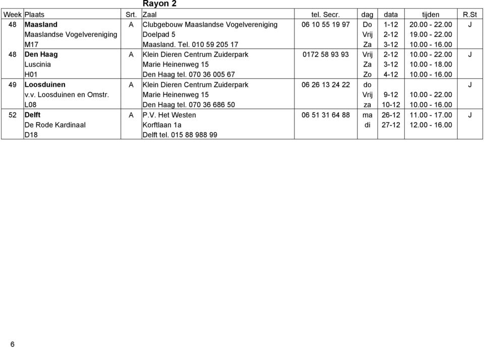 00-18.00 H01 Den Haag tel. 070 36 005 67 Zo 4-12 10.00-16.00 49 Loosduinen A Klein Dieren Centrum Zuiderpark 06 26 13 24 22 do J v.v. Loosduinen en Omstr. Marie Heinenweg 15 Vrij 9-12 10.00-22.