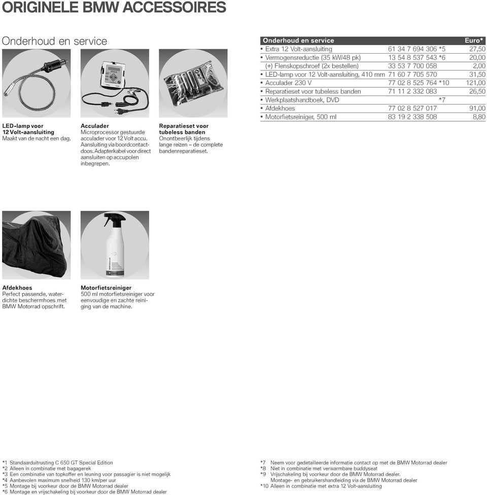 Onderhoud en service Extra 12 Volt-aansluiting 61 34 7 694 306 *5 27,50 Vermogensreductie (35 kw/48 pk) 13 54 8 537 543 *6 20,00 (+) Flenskopschroef (2x bestellen) 33 53 7 700 058 2,00 LED-lamp voor