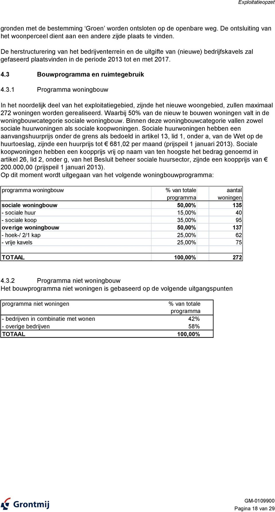 tot en met 2017. 4.3 Bouwprogramma en ruimtegebruik 4.3.1 Programma woningbouw In het noordelijk deel van het exploitatiegebied, zijnde het nieuwe woongebied, zullen maximaal 272 woningen worden gerealiseerd.